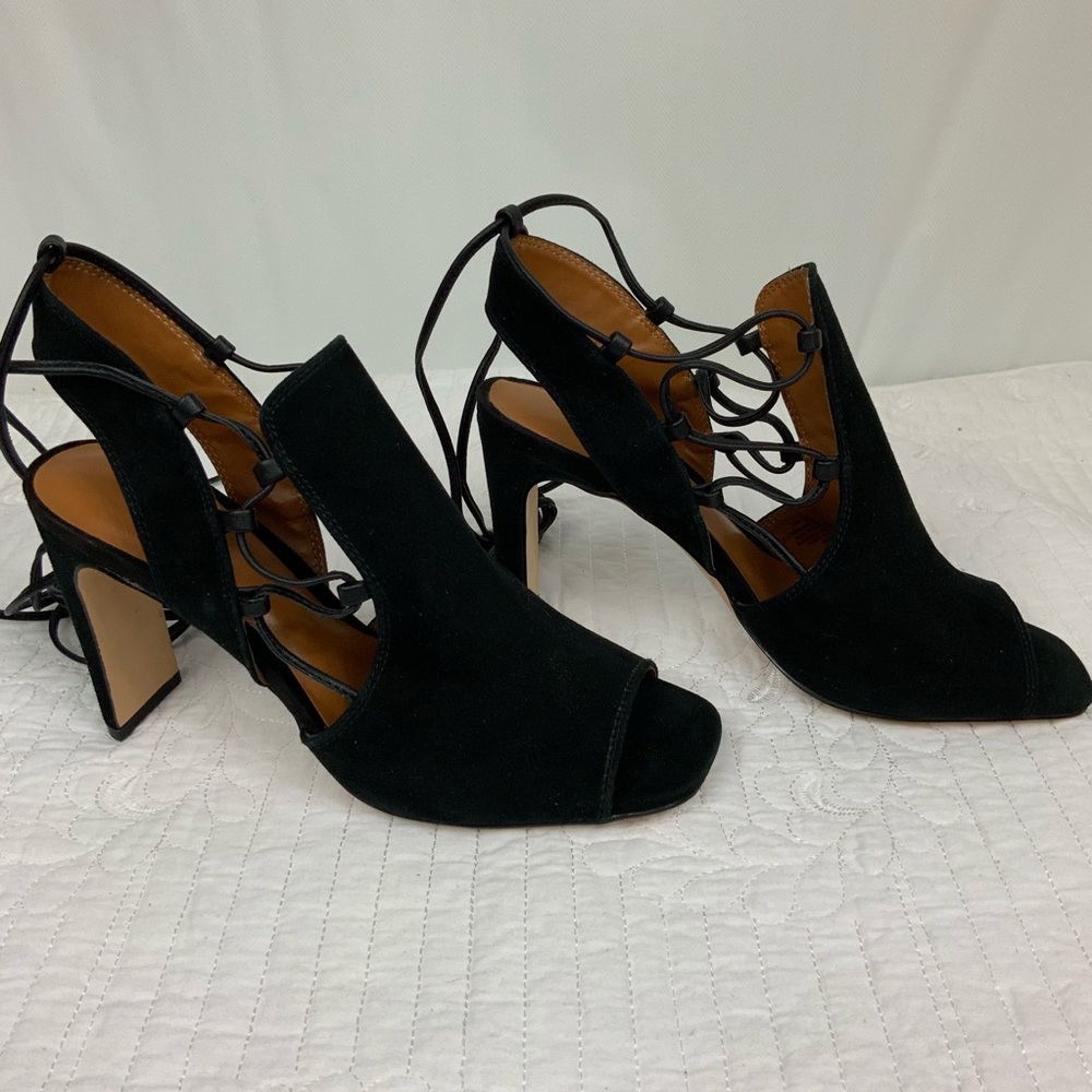 H by Halston Zoe Heels Sz 6.5 Black Leather Suede Peep Toe Slingback Ankle Tie